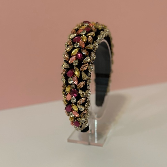 Two Tone Pink and White Rhinestone Black Velvet Headband - Picture 2 of 9